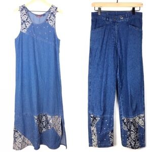 VINTAGE 90s Y2K Denim Maxi Dress Jumper Jeans Western Southwestern Agapo Small